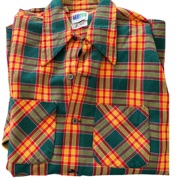 Vintage Mr. Dee‎ Mr. Tall Mens Plaid Flannel Shirt Long Sleeve Green Red Gold